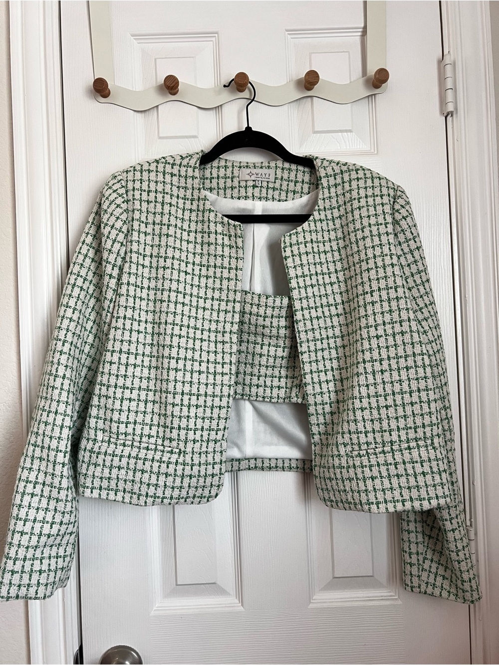 Wayf Cream & Green Tweed Cropped Blazer and Crop Top
